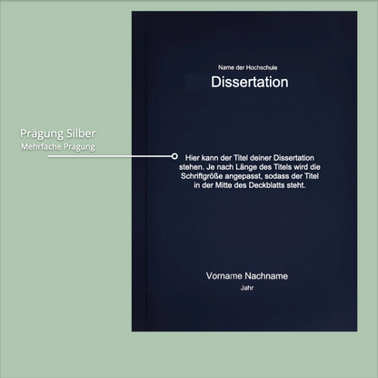 Darstellung einer Dissertation in einer Hardcover Bindung mit einer Prägung auf der Vorderseite in der Farbe silber.